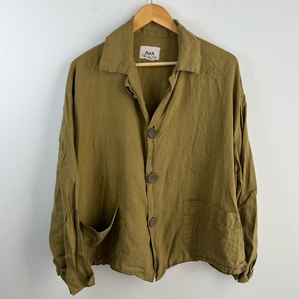 FLAX Linen Shirt Large Oversize Long Sleeve Buttoned Shirt Lagenlook Green